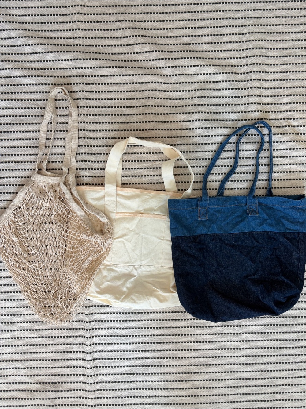 Neutral Canvas and Denim Tote Bag Set - Beige, Cream, Navy